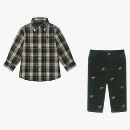 رالف لورين-طقم بنطلون قطن كاروهات لون أخضر للمواليد | Childrensalon Outlet