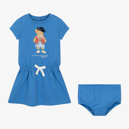 Ralph Lauren-فستان بطبعة بير قطن لون أزرق للمولودات | Childrensalon Outlet