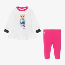 رالف لورين-طقم ليغنغز بطبعة بير قطن جيرسي لون أبيض وزهري | Childrensalon Outlet