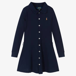 Polo رالف لورين-فستان بحزام قطن بيكيه لون كحلي | Childrensalon Outlet