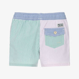 Ralph Lauren-Boys Blue & Pink Striped Seersucker Swim Shorts | Childrensalon Outlet