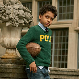 Polo Ralph Lauren-Boys Green Wool Logo Jumper | Childrensalon Outlet