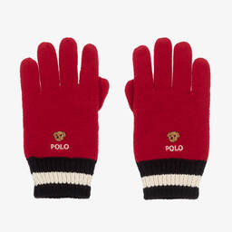 رالف لورين-قفّازات بطبعة بير قطن محبوك لون أحمر للأولاد | Childrensalon Outlet