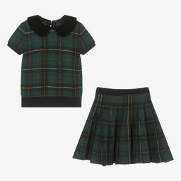 رالف لورين-طقم تنورة صوف محبوك كاروهات لون أخضر وكحلي | Childrensalon Outlet