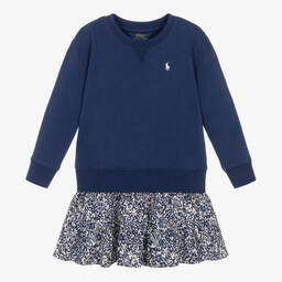 Ralph Lauren-Girls Blue Jersey & Floral Cotton Dress | Childrensalon Outlet