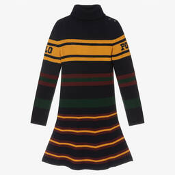 Polo Ralph Lauren-فستان صوف محبوك مقلم لون كحلي وأصفر | Childrensalon Outlet