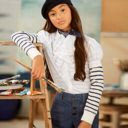 Polo رالف لورين-كنزة بياقة عالية قطن محبوك لون كحلي وأبيض للبنات | Childrensalon Outlet