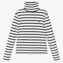 Polo رالف لورين-كنزة بياقة عالية قطن محبوك لون كحلي وأبيض للبنات | Childrensalon Outlet