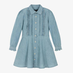 Ralph Lauren-Girls Chambray Frill Blue Dress | Childrensalon Outlet