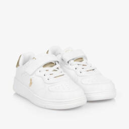 Ralph Lauren-Girls Gold-Trimmed Faux Leather Trainers | Childrensalon Outlet