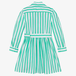 Ralph Lauren-فستان قميص قطن بوبلين مقلم لون أبيض وأخضر | Childrensalon Outlet