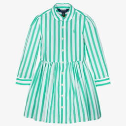 Ralph Lauren-فستان قميص قطن بوبلين مقلم لون أبيض وأخضر | Childrensalon Outlet