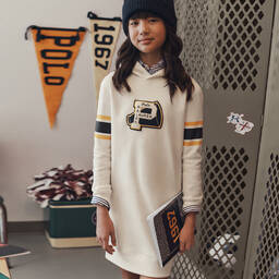 Ralph Lauren-Girls Ivory Cotton Varsity Hoodie Dress | Childrensalon Outlet