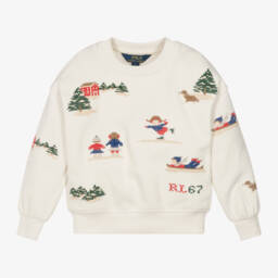 Ralph Lauren-Girls Ivory Festive Cotton Sweatshirt | Childrensalon Outlet