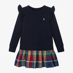 Ralph Lauren-Girls Navy Blue Check Sweatshirt Dress | Childrensalon Outlet
