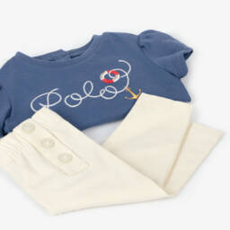 Ralph Lauren-طقم ليقنز قطن لون عاجي وأزرق للمولودات | Childrensalon Outlet