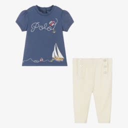 Ralph Lauren-طقم ليقنز قطن لون عاجي وأزرق للمولودات | Childrensalon Outlet