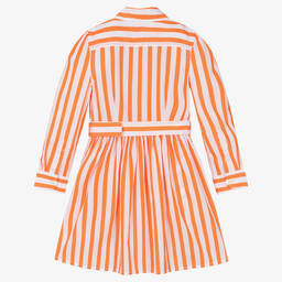 Ralph Lauren-فستان قميص قطن بوبلين مقلم لون أبيض وبرتقالي | Childrensalon Outlet