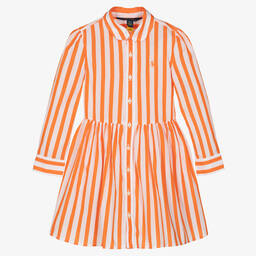 Ralph Lauren-فستان قميص قطن بوبلين مقلم لون أبيض وبرتقالي | Childrensalon Outlet