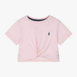 Ralph Lauren-Girls Pink Cotton Twist Front T-Shirt | Childrensalon Outlet