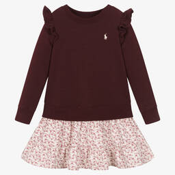 رالف لورين-فستان بنمط سويتشيرت بطبعة ورود قطن لون أحمر | Childrensalon Outlet