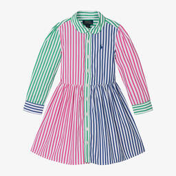 Ralph Lauren-فستان قميص قطن بوبلين مقلّم لون زهري | Childrensalon Outlet