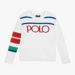 Ralph Lauren-بلوفر قطن محبوك لون أبيض للبنات | Childrensalon Outlet