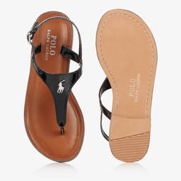 Ralph Lauren-Teen Girls Black Faux Leather Logo Sandals | Childrensalon Outlet