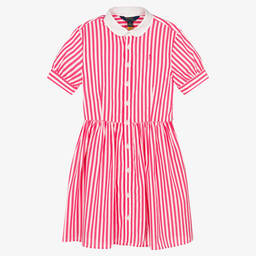 Polo Ralph Lauren-فستان تينز بناتي قطن بوبلين مقلم لون زهري وأبيض | Childrensalon Outlet