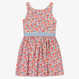 رالف لورين-فستان قطن بوبلين لون أحمر وأزرق بطبعة ورود | Childrensalon Outlet
