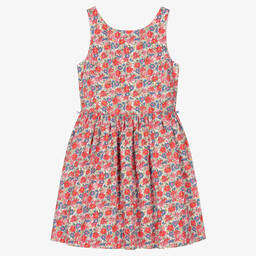 رالف لورين-فستان قطن بوبلين لون أحمر وأزرق بطبعة ورود | Childrensalon Outlet