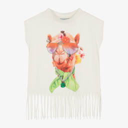 RaspberryPlum-Girls Ivory Cotton Fringed Camel T-Shirt | Childrensalon Outlet