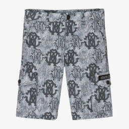 Roberto Cavalli-Boys Grey-Blue Monogram Cargo Shorts | Childrensalon Outlet