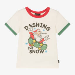 روك يور بيبي-تيشيرت بطبعة سانتا على لوح تزلج قطن لون عاجي | Childrensalon Outlet