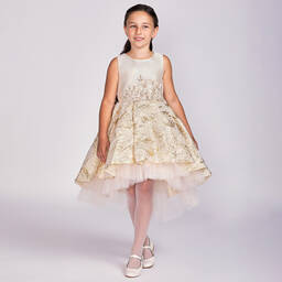 Romano-Girls Beige & Gold Brocade Dress  | Childrensalon Outlet