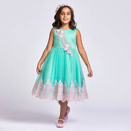 Romano Princess-فستان ساتان و تول لون تركواز و زهري | Childrensalon Outlet