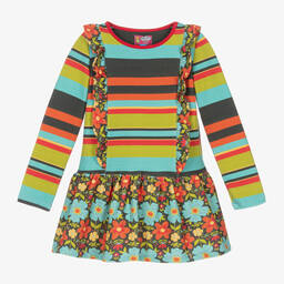 Rosalita Señoritas-Girls Blue & Green Stripe Floral Dress | Childrensalon Outlet