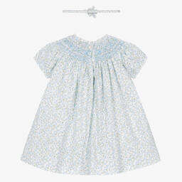 سارا لويز-طقم فستان مطرز سموك مزيج قطن لون أزرق فاتح | Childrensalon Outlet