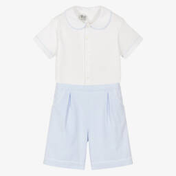 Sarah Louise-Boys Blue & White Cotton Shorts Set with Contrast Trims | Childrensalon Outlet