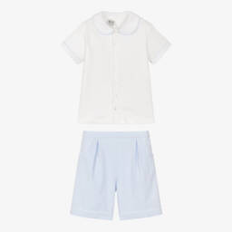 Sarah Louise-Boys Blue & White Cotton Shorts Set with Contrast Trims | Childrensalon Outlet