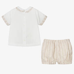 Sarah Louise-Boys Ivory & Beige Stripe Cotton Shorts Set | Childrensalon Outlet