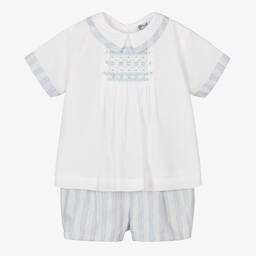 Sarah Louise-Boys Ivory & Blue Stripe Cotton Shorts Set | Childrensalon Outlet