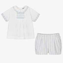 Sarah Louise-Boys Ivory & Blue Stripe Cotton Shorts Set | Childrensalon Outlet