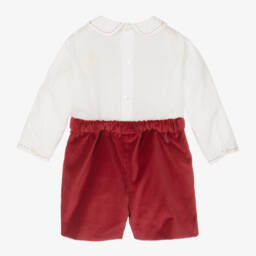 سارا لويز-بدلة رسمية تطريز سموك مخمل لون أحمر وعاجي للمواليد | Childrensalon Outlet