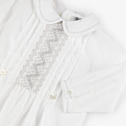 Sarah Louise-Boys White & Grey Cotton Hand-Smocked Buster Suit | Childrensalon Outlet