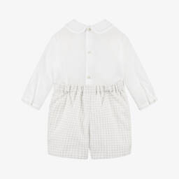 Sarah Louise-Boys White & Grey Cotton Hand-Smocked Buster Suit | Childrensalon Outlet