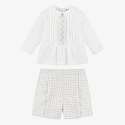 Sarah Louise-Boys White & Grey Cotton Hand-Smocked Buster Suit | Childrensalon Outlet