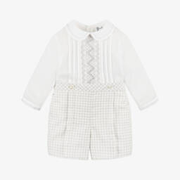 Sarah Louise-Boys White & Grey Cotton Hand-Smocked Buster Suit | Childrensalon Outlet