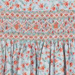 Sarah Louise-فستان مطرز سموكينغ قطن لون أزرق بطبعة ورود | Childrensalon Outlet