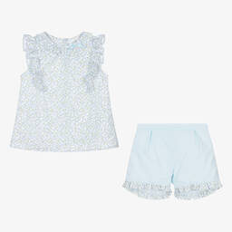 Sarah Louise-Girls Blue Ditsy Floral Cotton Shorts Set | Childrensalon Outlet